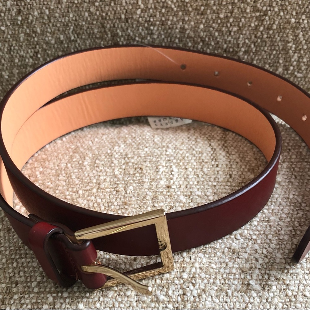 Barneys New York Burgundy Leather Belt with Gold Buckle